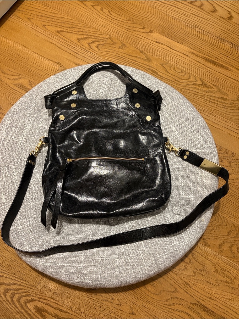 Foley + Corinna Black Leather Shoulder Bag with Gold Hardware